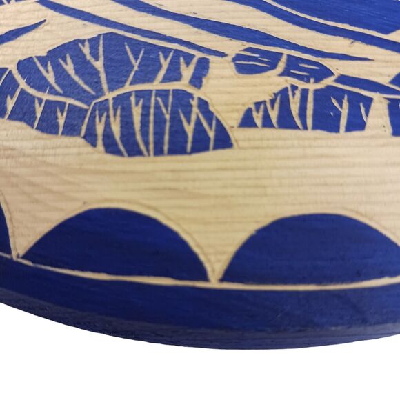 Asian Art Handcarved Wood 10" ROUND BLUE Block Painted BIRDS Ducks Water SIGNED - Picture 4 of 13